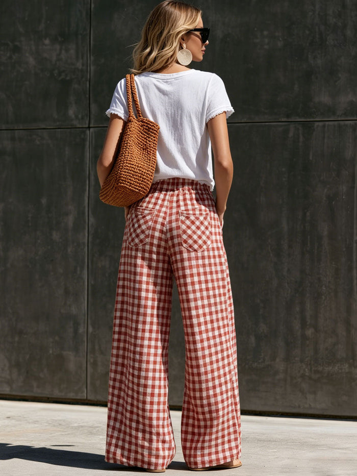 Casual Retro Short-sleeved T-shirt And Red And White Checkered Cotton Linen Pants Set  - By Qivii