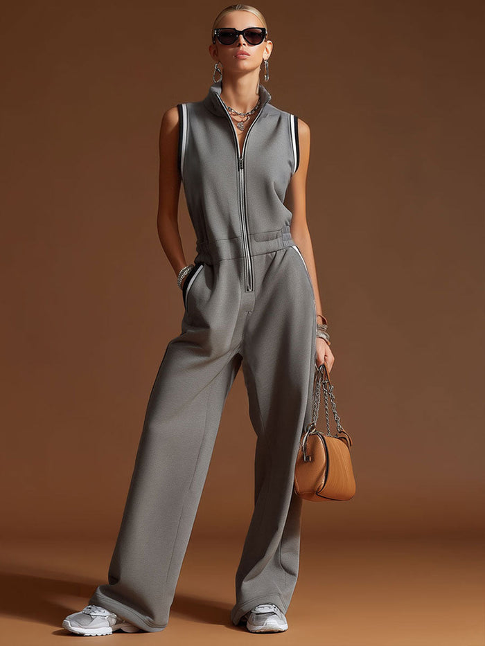 Casual Sporty Retro Dark Gray Cotton Blend Zipper Sleeveless Jumpsuit  - By Qivii