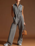 Casual Sporty Retro Dark Gray Cotton Blend Zipper Sleeveless Jumpsuit  - By Qivii