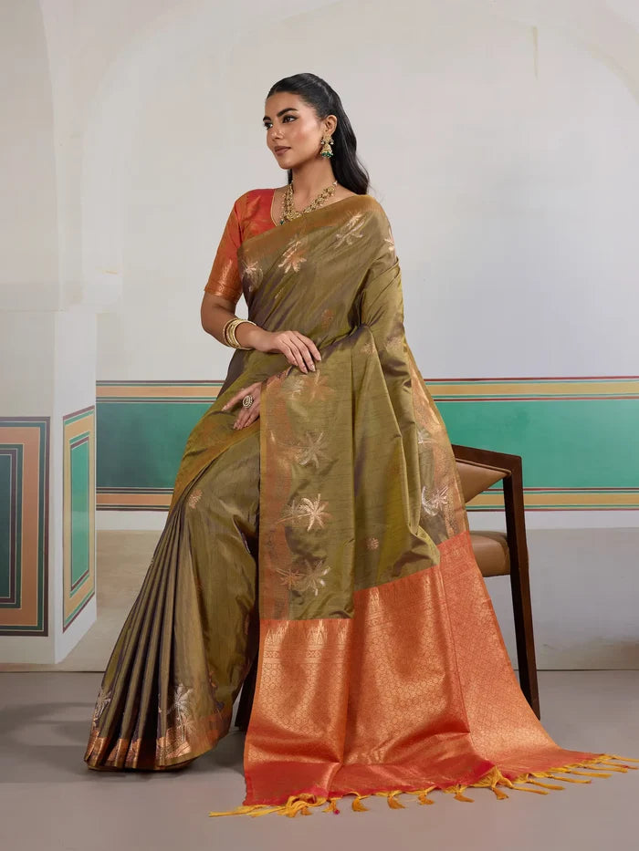 Cedar Brown Tussar Silk Weaving Work Saree