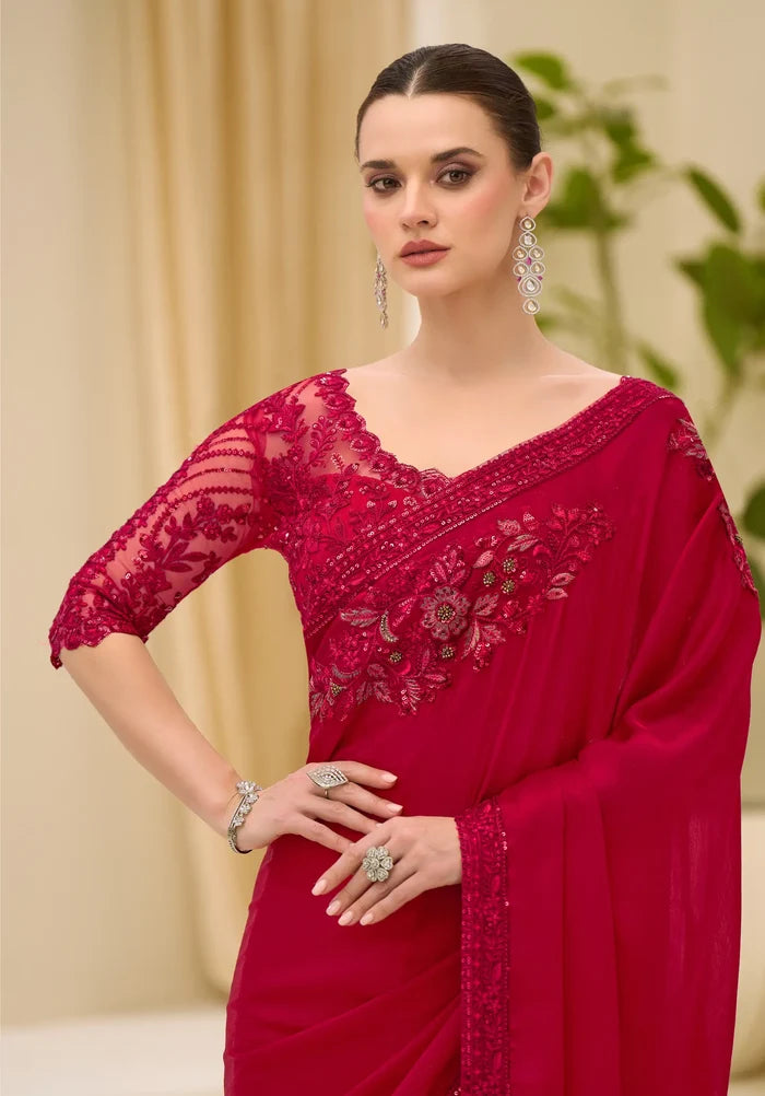 Cherry Red Georgette Party wear Saree