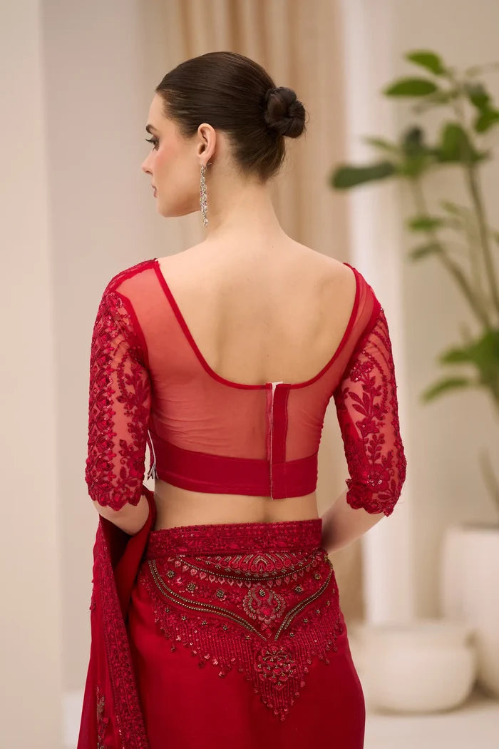 Cherry Red Georgette Party wear Saree