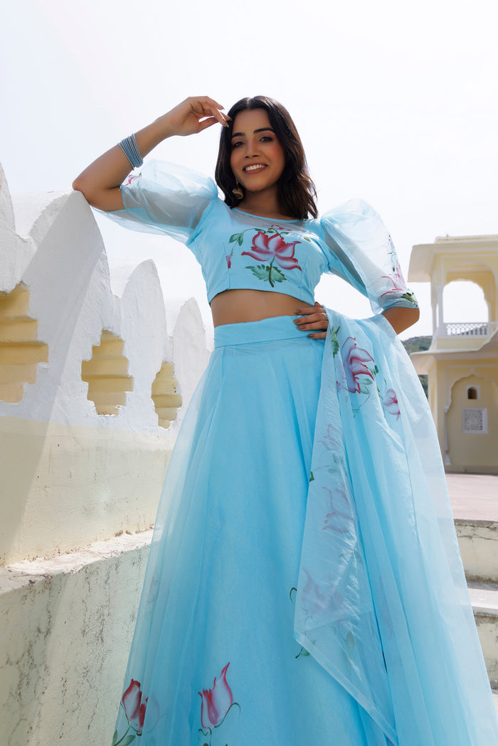 Clearwater Blue Brush Paint Lehenga Set