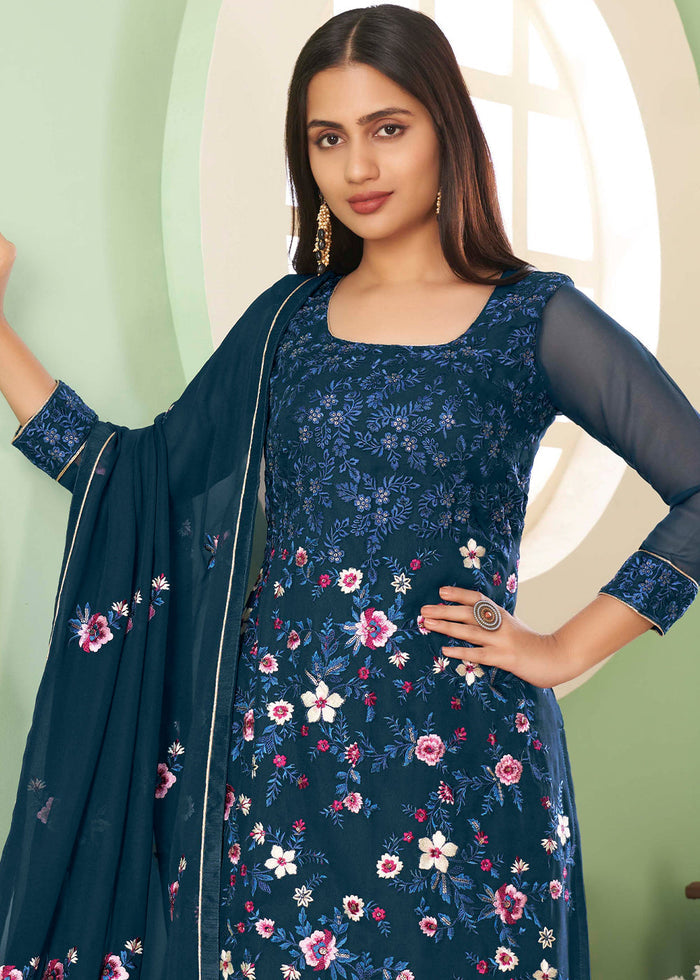 Cobalt Blue Georgette Salwar Suit with Multi Colour Thread Embroidery & Sequence work - qivii