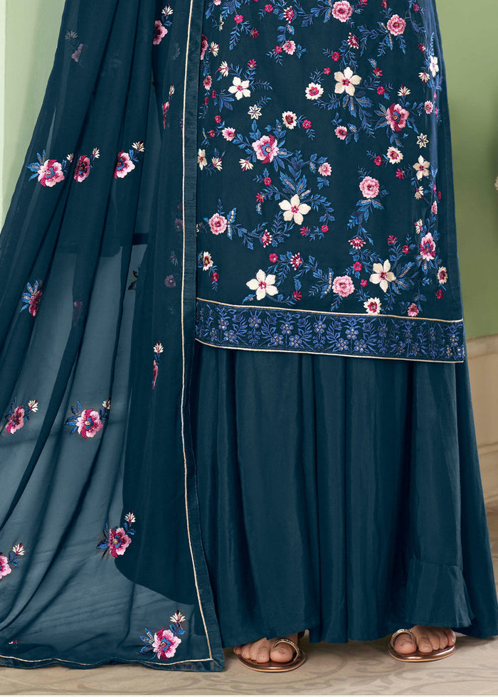 Cobalt Blue Georgette Salwar Suit with Multi Colour Thread Embroidery & Sequence work - qivii