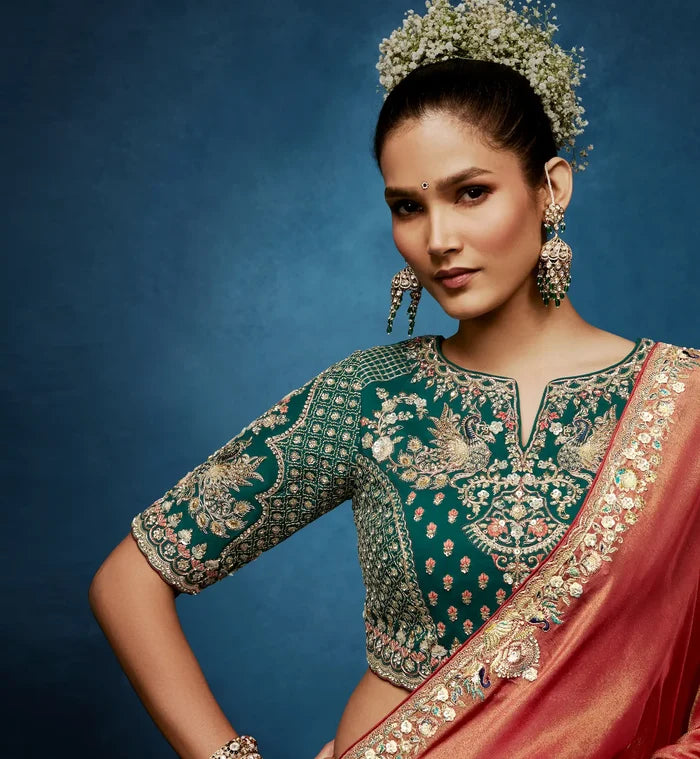 Coral Orange Embroidery & Hand Work Saree