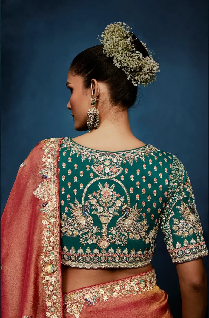 Coral Orange Embroidery & Hand Work Saree