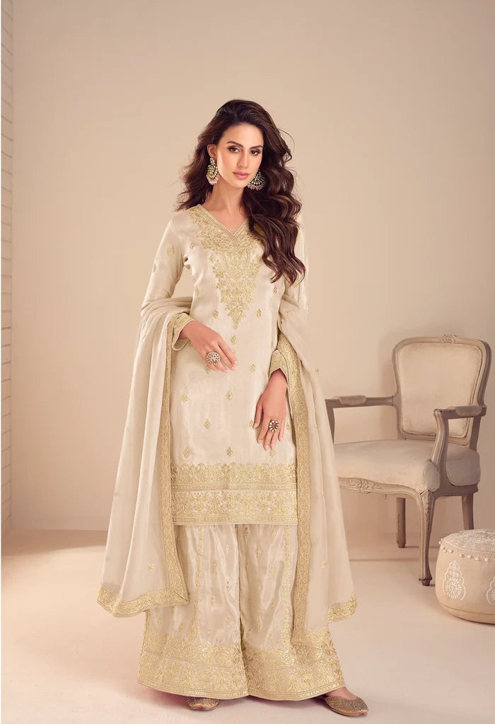 Cream Simar Silk Salwar Suit With Embroidery Work