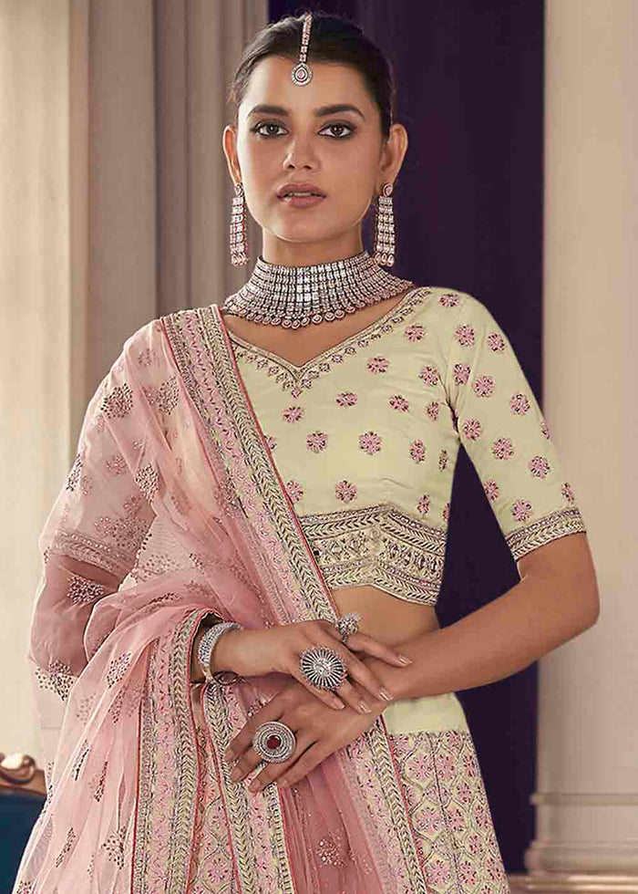Cream White Art Silk Lehenga Choli with Zarkan & Thread work | Ready To Wear - qivii