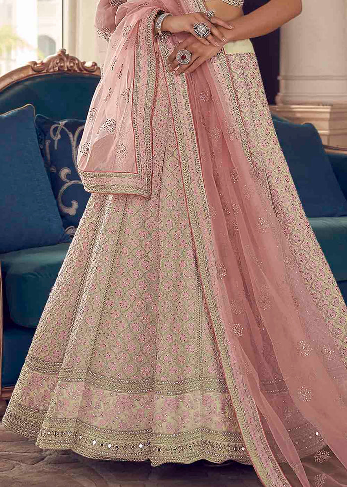 Cream White Art Silk Lehenga Choli with Zarkan & Thread work | Ready To Wear - qivii