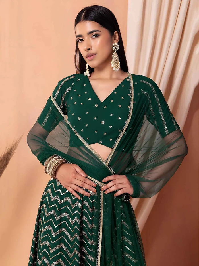 Dark Green Georgette Embroidered Lehenga