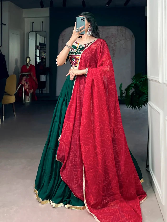 Dark Green Navratri Lehenga Choli With Lace Touch Up