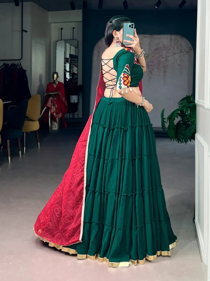 Dark Green Navratri Lehenga Choli With Lace Touch Up