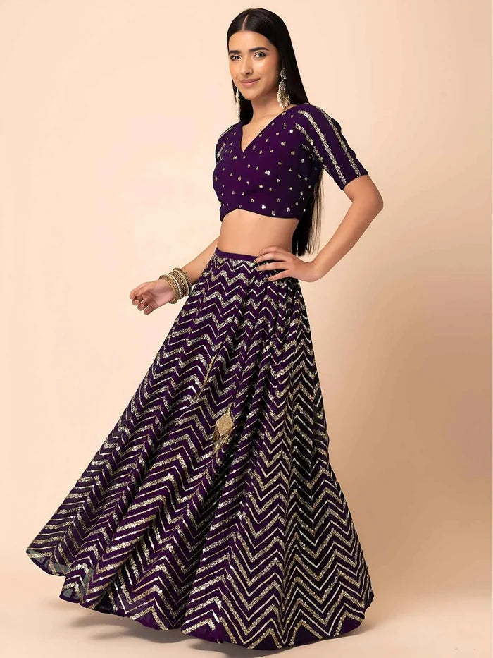 Dark Purple Georgette Sequins Work Lehenga