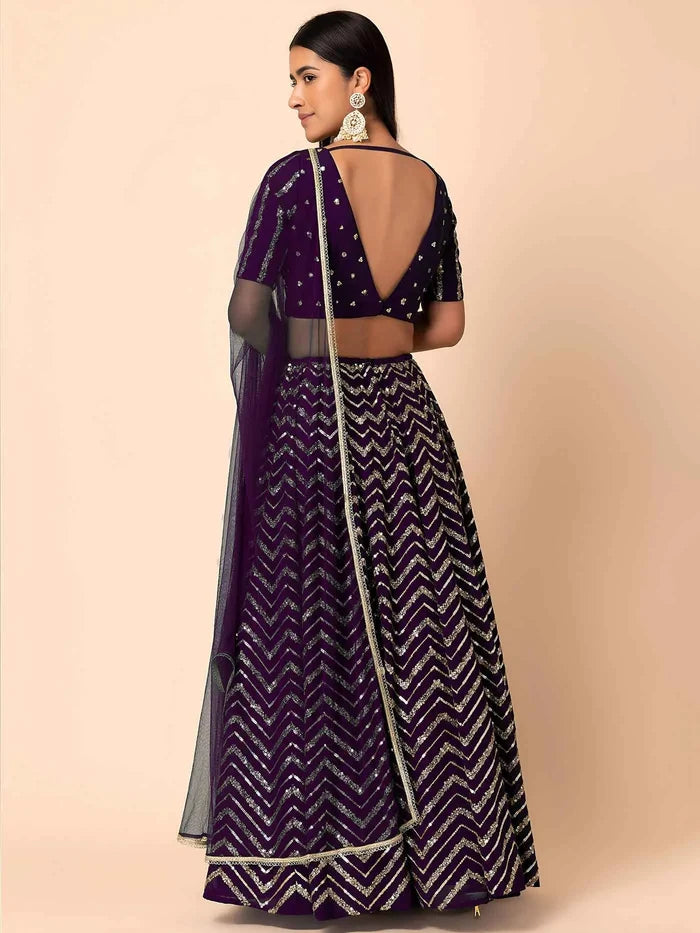Dark Purple Georgette Sequins Work Lehenga