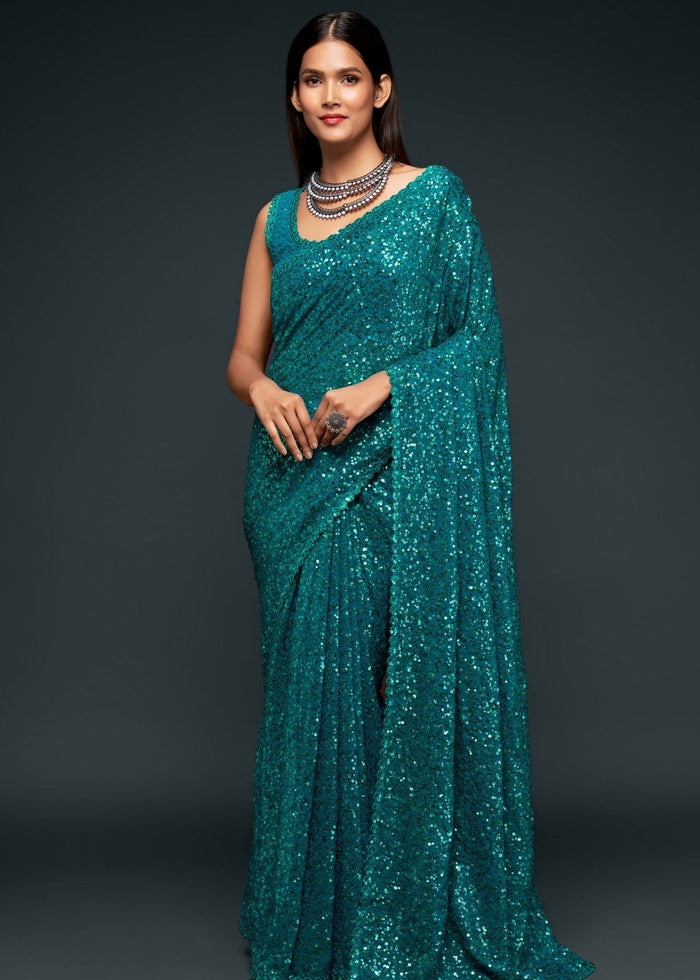 Dark Teal Blue Sequins & Thread Embroidered Designer Georgette Saree - qivii