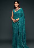Dark Teal Blue Sequins & Thread Embroidered Designer Georgette Saree - qivii