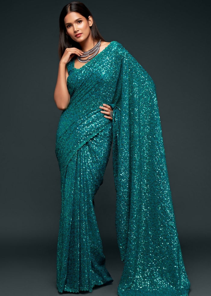 Dark Teal Blue Sequins & Thread Embroidered Designer Georgette Saree - qivii