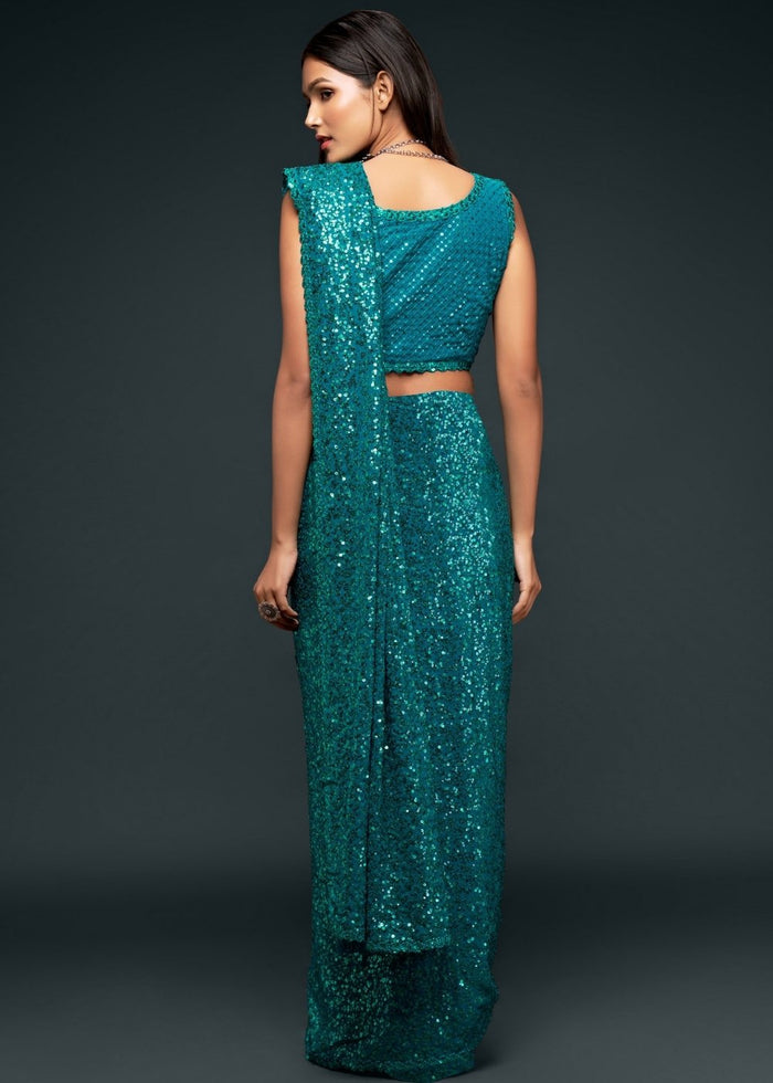 Dark Teal Blue Sequins & Thread Embroidered Designer Georgette Saree - qivii