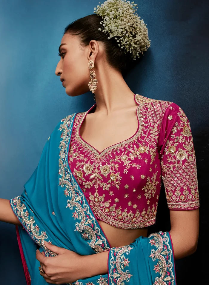 Deep Aqua Embroidery & Hand Work Saree