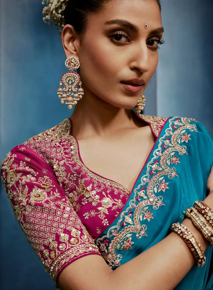 Deep Aqua Embroidery & Hand Work Saree
