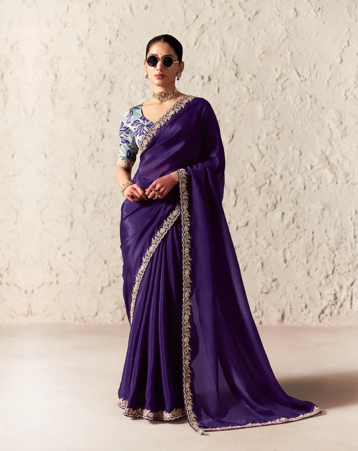 Deep Purple Embroidered Party Wear Saree
