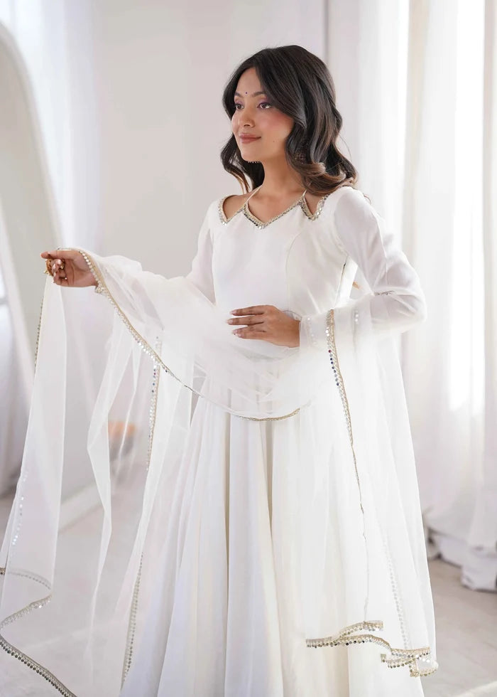 Designer Off White Silk Gown With Dupatta