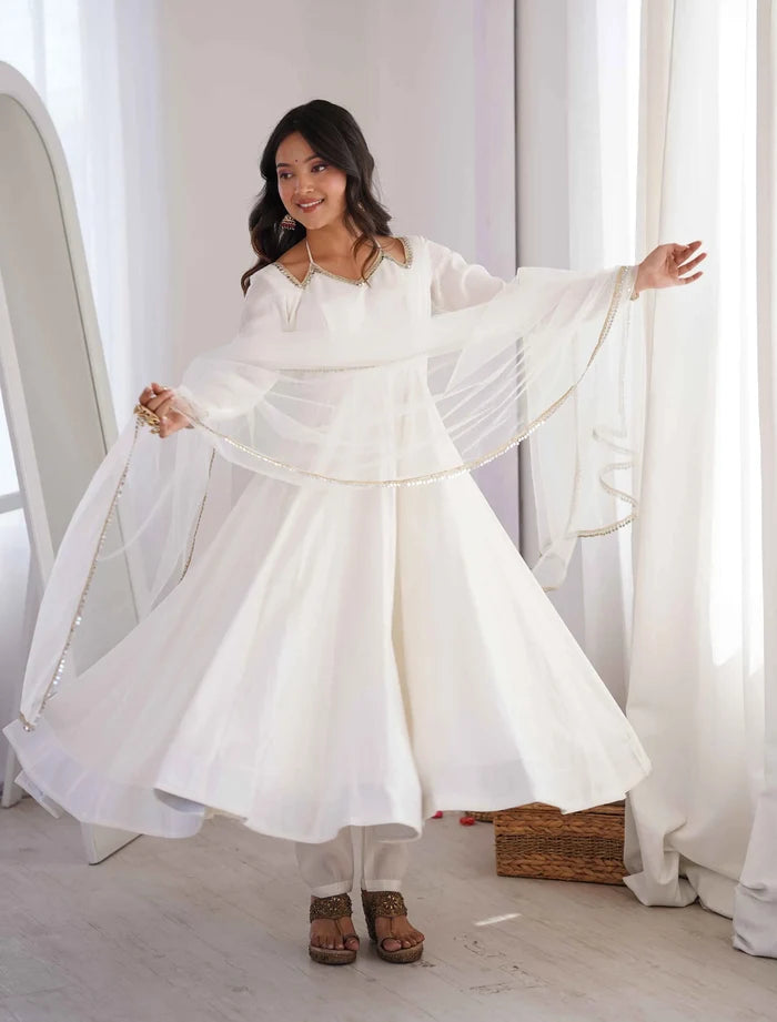 Designer Off White Silk Gown With Dupatta