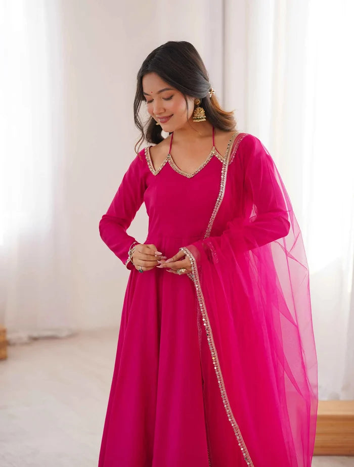 Designer Pink Silk Gown With Dupatta