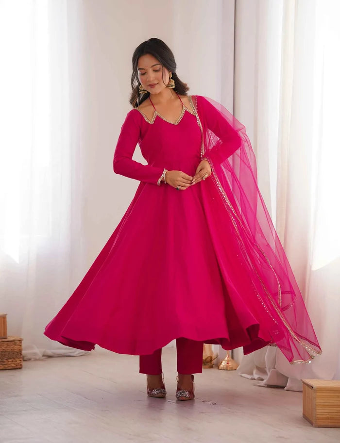Designer Pink Silk Gown With Dupatta