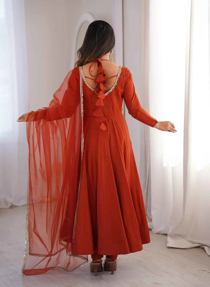 Designer Rust Silk Gown With Dupatta