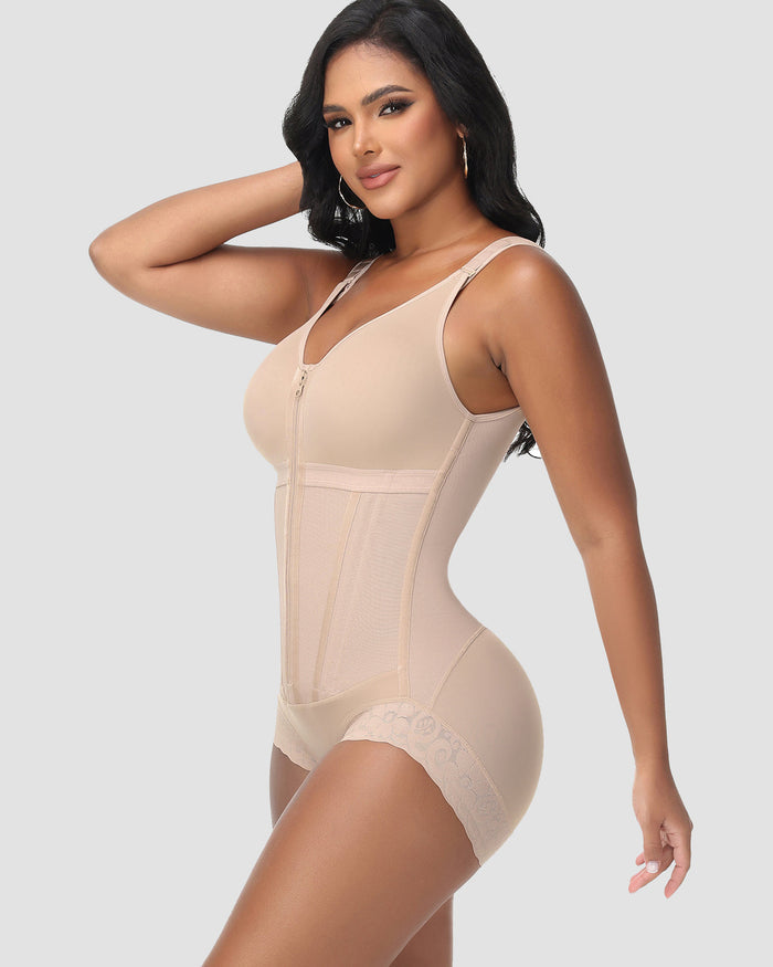 Double-Layer PowerMesh Hourglass Tummy Sculpt Zipper Bodysuit With Bra  - By Qivii