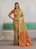 Dusty Yellow Tussar Silk Weaving Work Saree