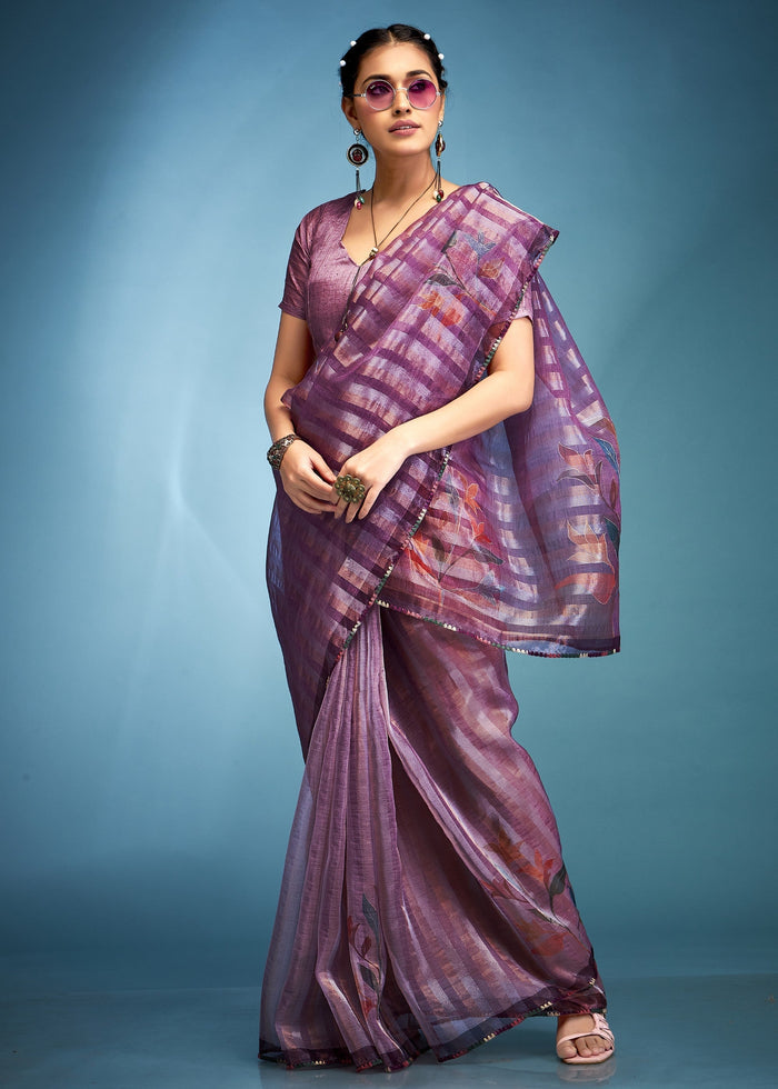 Electric Purple Tissue Silk Saree With Floral Print - qivii