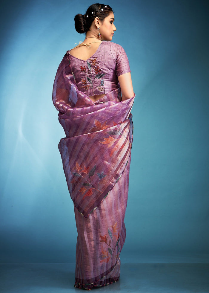 Electric Purple Tissue Silk Saree With Floral Print - qivii