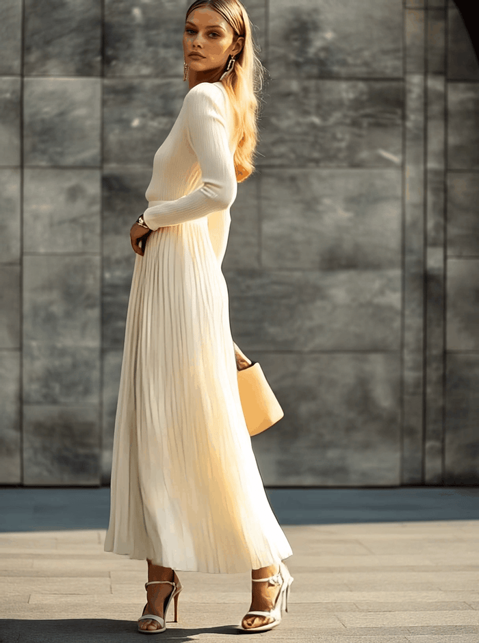 Elegant Casual And Comfortable Long-sleeved Cream Knitted Satin Pleated Hem Maxi Dress  - By Qivii