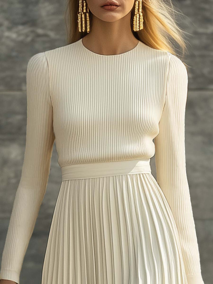 Elegant Casual And Comfortable Long-sleeved Cream Knitted Satin Pleated Hem Maxi Dress  - By Qivii