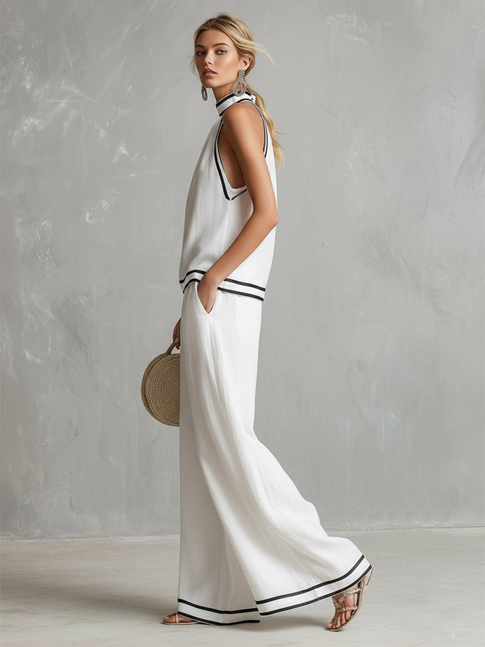 Elegant Minimalist Trimmed White Cotton Linen Halter Neck Top And Wide-leg Pants Set  - By Qivii
