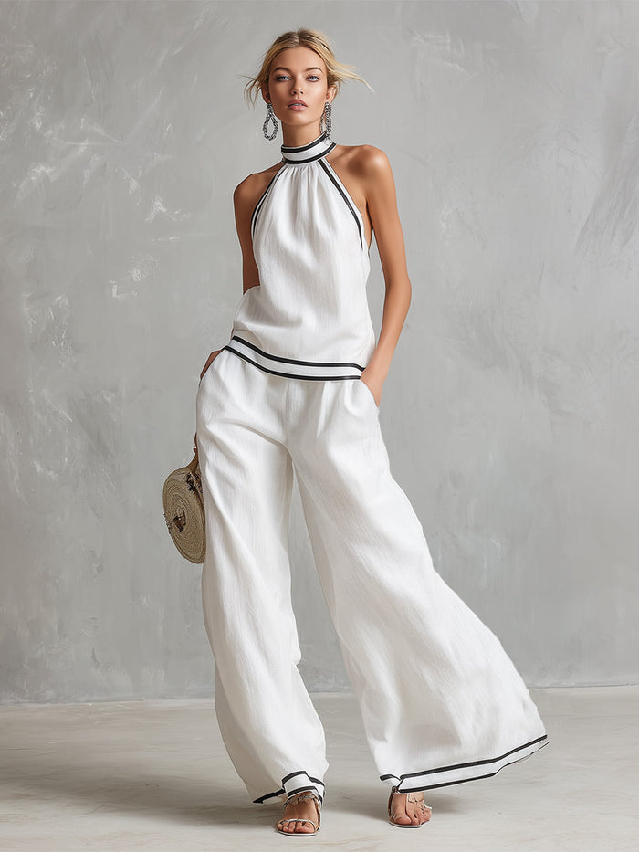 Elegant Minimalist Trimmed White Cotton Linen Halter Neck Top And Wide-leg Pants Set  - By Qivii