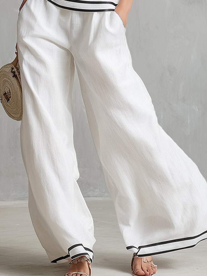 Elegant Minimalist Trimmed White Cotton Linen Halter Neck Top And Wide-leg Pants Set  - By Qivii