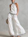 Elegant Minimalist Trimmed White Cotton Linen Halter Neck Top And Wide-leg Pants Set  - By Qivii