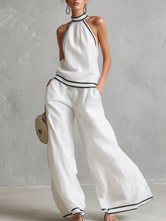 Elegant Minimalist Trimmed White Cotton Linen Halter Neck Top And Wide-leg Pants Set  - By Qivii