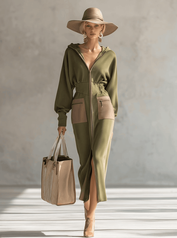 Elegant Olive Green Hooded Narrow Waist Zip-up Sweatshirt Long Sleeve Maxi Dress  - By Qivii