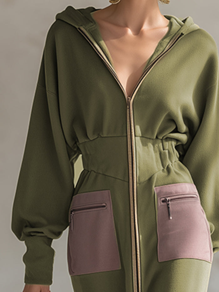 Elegant Olive Green Hooded Narrow Waist Zip-up Sweatshirt Long Sleeve Maxi Dress  - By Qivii