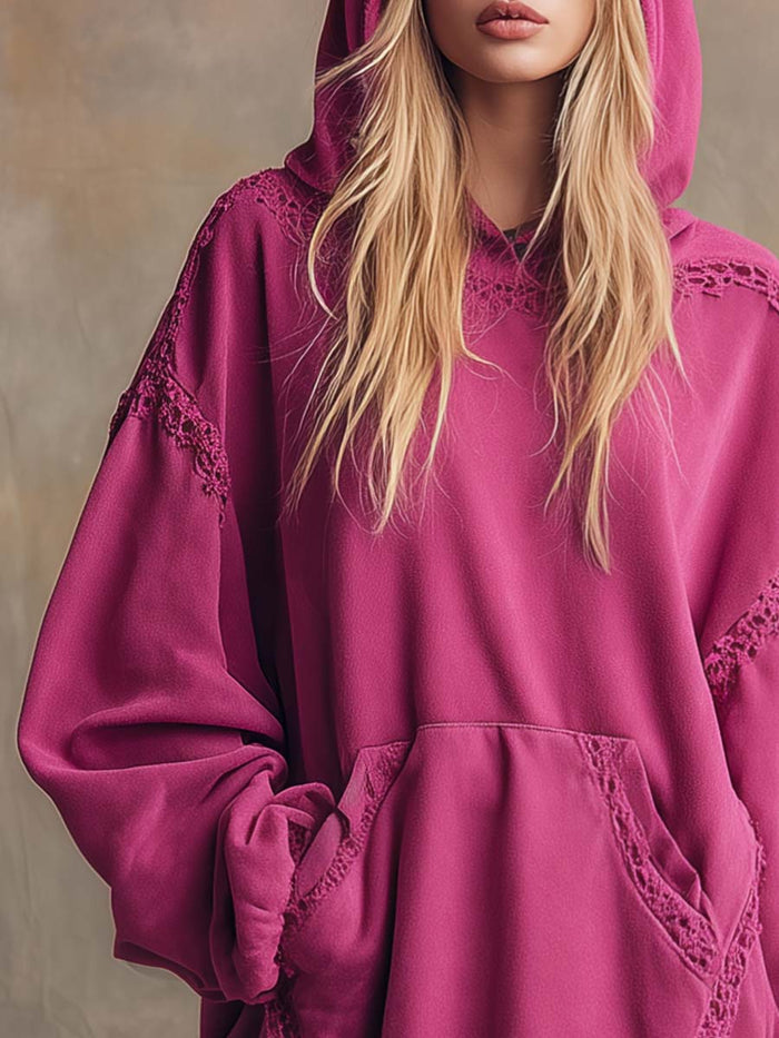 Elegant Retro Sporty Lace Trim And Ruffled Hem Rose Pink Cotton Hooded Style Mini Dress  - By Qivii