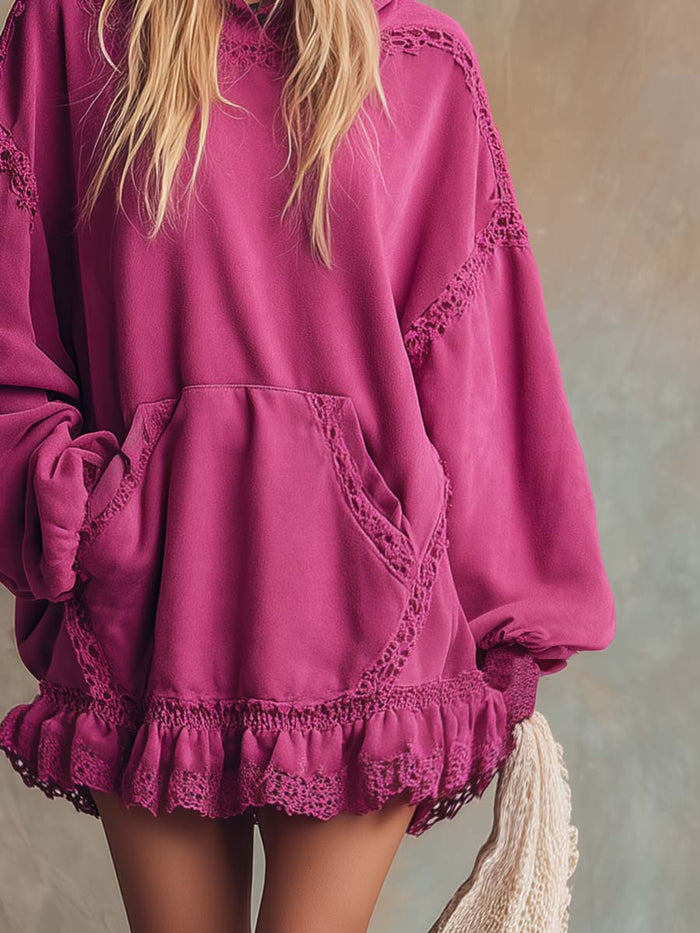 Elegant Retro Sporty Lace Trim And Ruffled Hem Rose Pink Cotton Hooded Style Mini Dress  - By Qivii