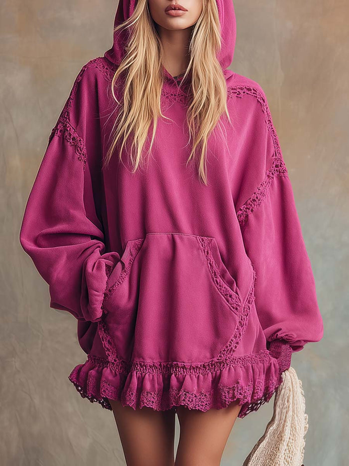 Elegant Retro Sporty Lace Trim And Ruffled Hem Rose Pink Cotton Hooded Style Mini Dress  - By Qivii