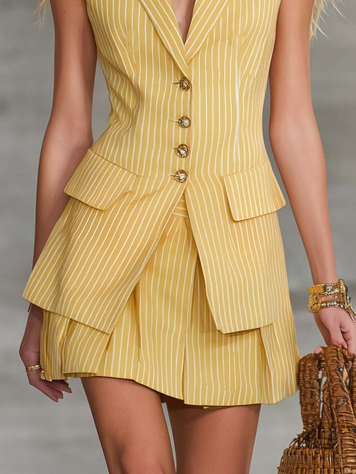 Exquisite Fashion Vacation Yellow Striped Tank Top And Skirt Set  - By Qivii