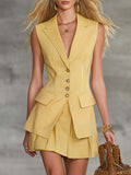 Exquisite Fashion Vacation Yellow Striped Tank Top And Skirt Set  - By Qivii