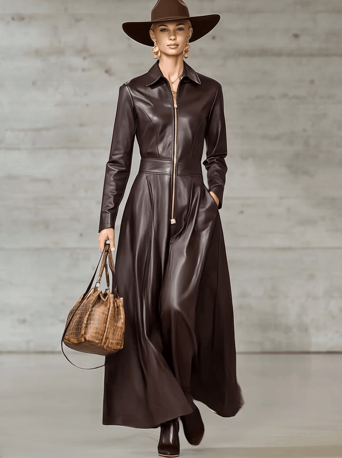 Exquisite Temperament Front Zipper Long Sleeve High-quality Brown Leather Maxi Dress  - By Qivii